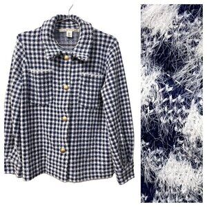 Max Studio Button Front Jacket Size M Blue White Plaid Fuzzy Fabric L/S Pockets